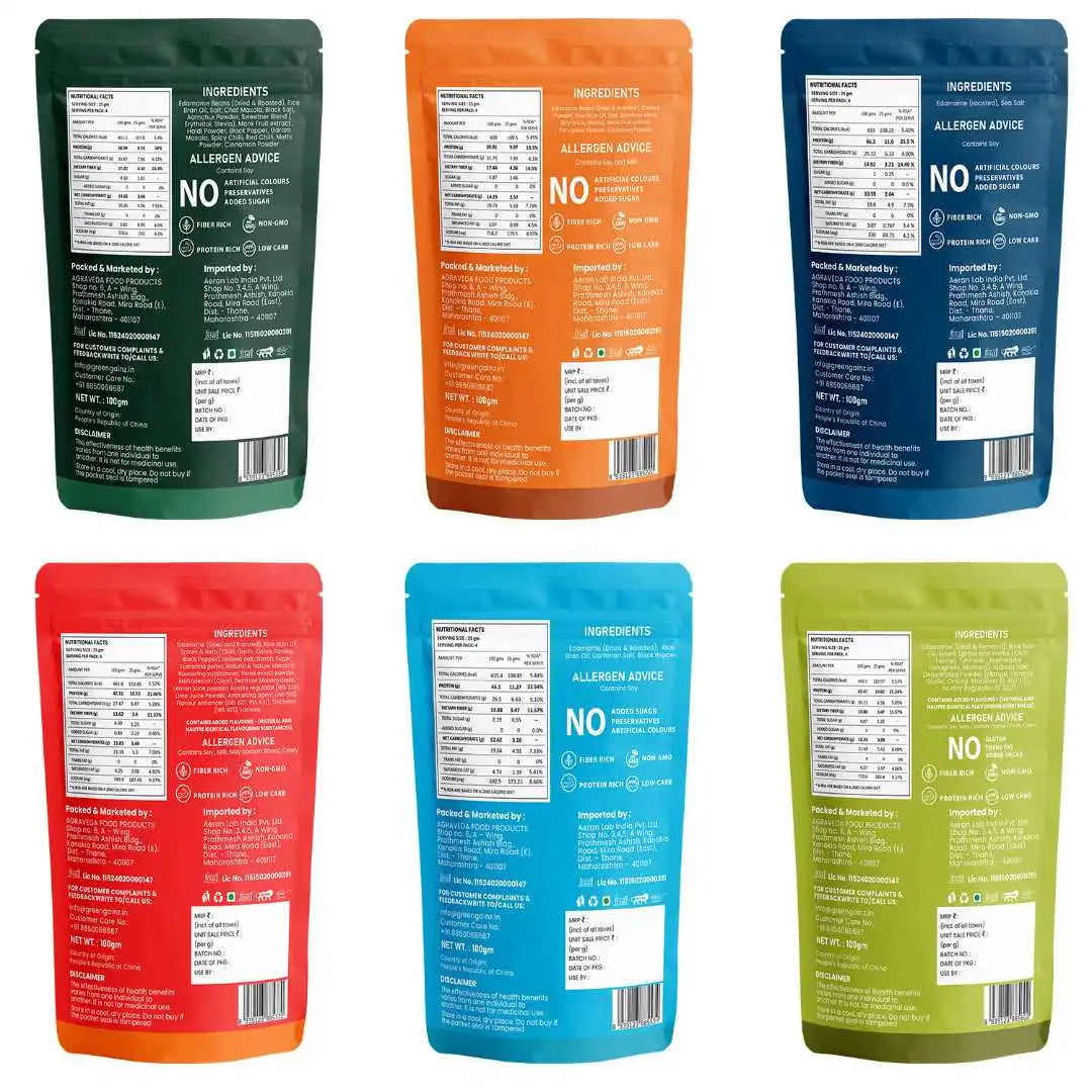 Edamame All Flavors (Pack of 6 - 100gm each) - Healthy, Roasted, High Protein Snack