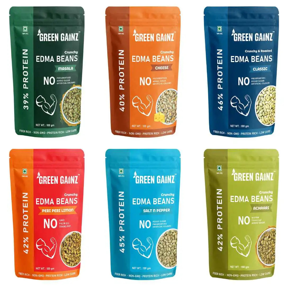 Edamame All Flavors (Pack of 6 - 100gm each) - Healthy, Roasted, High Protein Snack