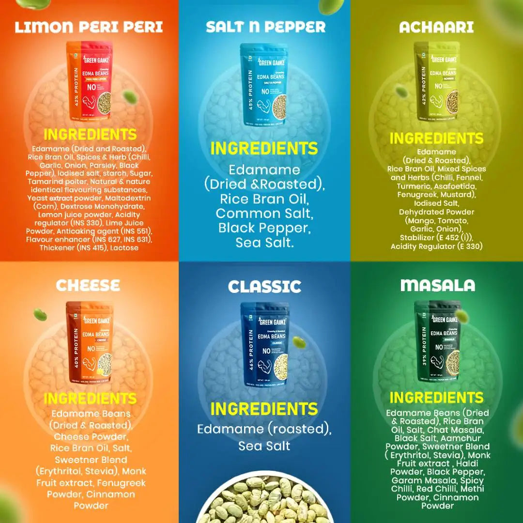 Edamame All Flavors (Pack of 6 - 100gm each) - Healthy, Roasted, High Protein Snack