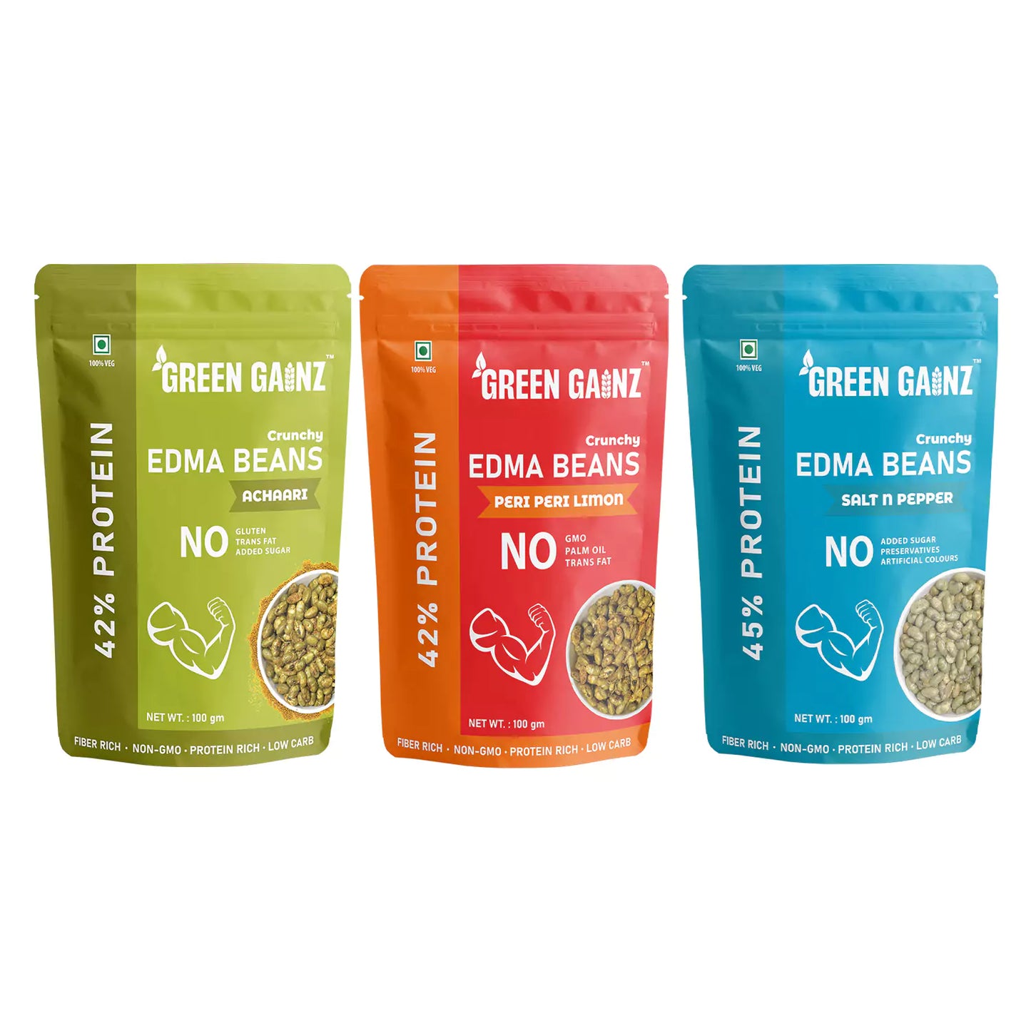 Edamame New Flavours Assorted Pack(Peri Peri Limon, Achaari, Salt n Pepper)(Pack of 3 - 100gm each) – High Protein Namkeen