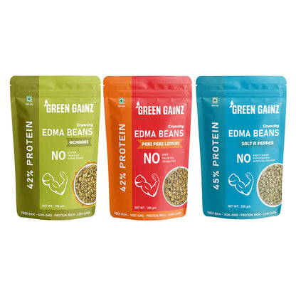 Edamame New Flavours Assorted Pack(Peri Peri Limon, Achaari, Salt n Pepper)(Pack of 3 - 100gm each) – High Protein Namkeen