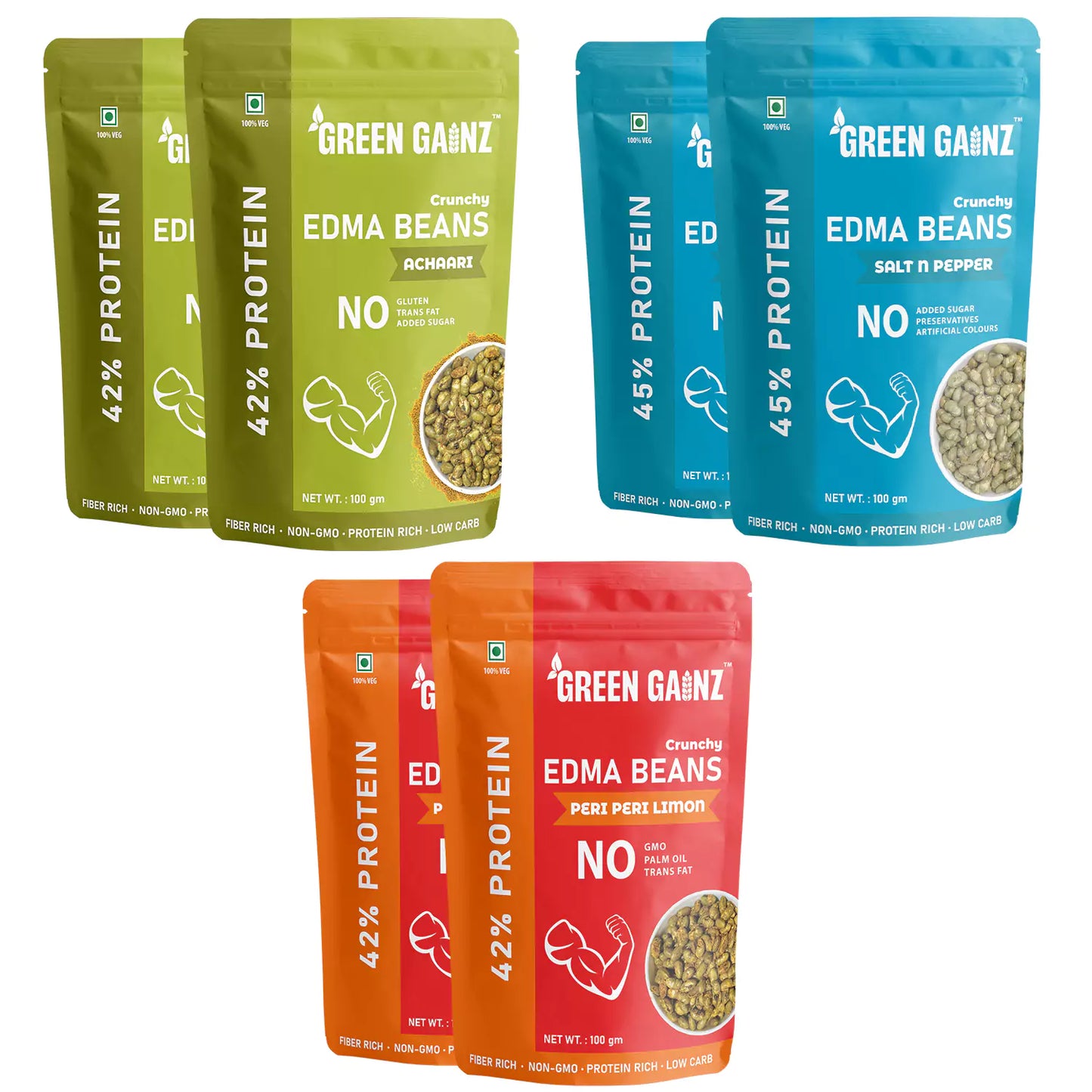 Edamame New Flavours Assorted Pack - Peri Peri Limon, Achaari, Salt n Pepper (Pack of 6 - 100gm each)