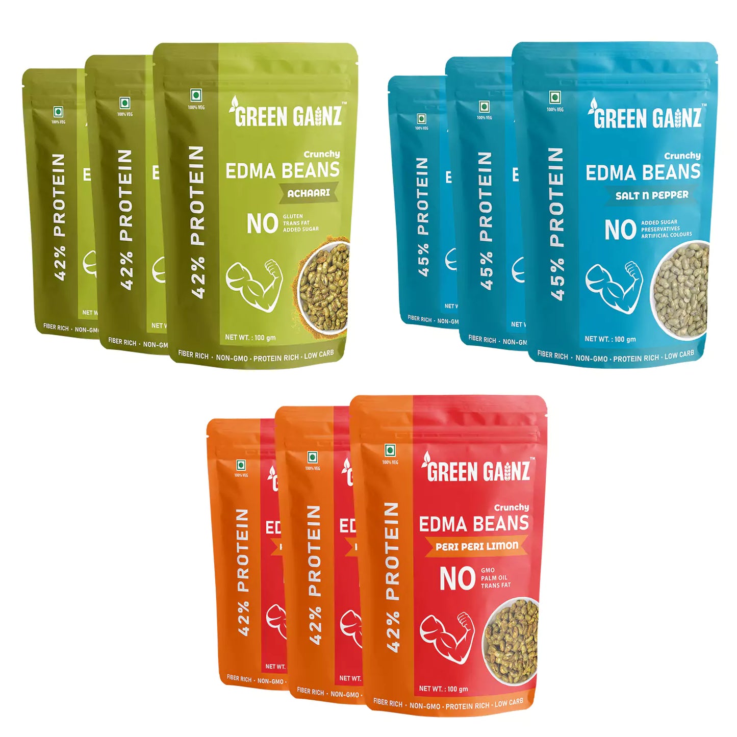 Edamame New Flavours Assorted Pack - Peri Peri Limon, Achaari, Salt n Pepper (Pack of 9 - 100gm each)