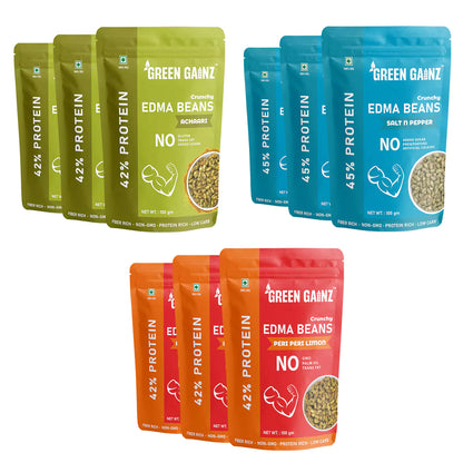 Edamame New Flavours Assorted Pack - Peri Peri Limon, Achaari, Salt n Pepper (Pack of 9 - 100gm each)