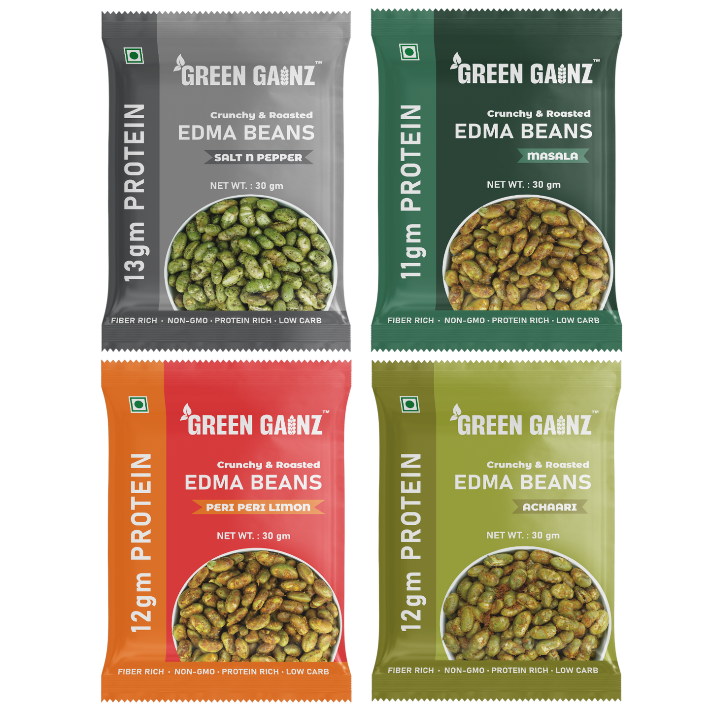 Roasted Edamame (4 packs - 30gm each) | Peri Peri Limon, Achaari, Salt n Pepper, Masala