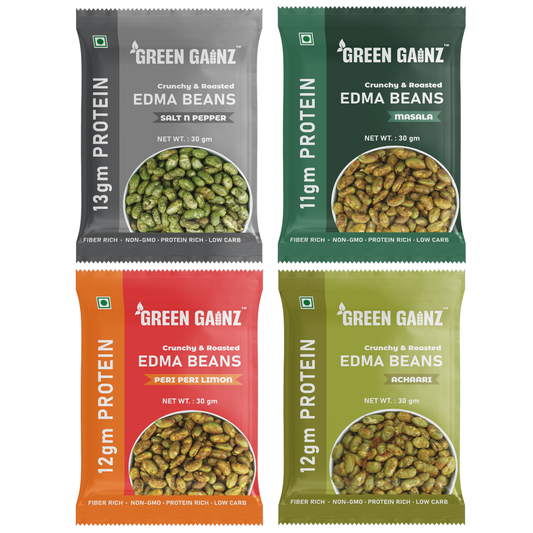Roasted Edamame (4 packs - 30gm each) | Peri Peri Limon, Achaari, Salt n Pepper, Masala