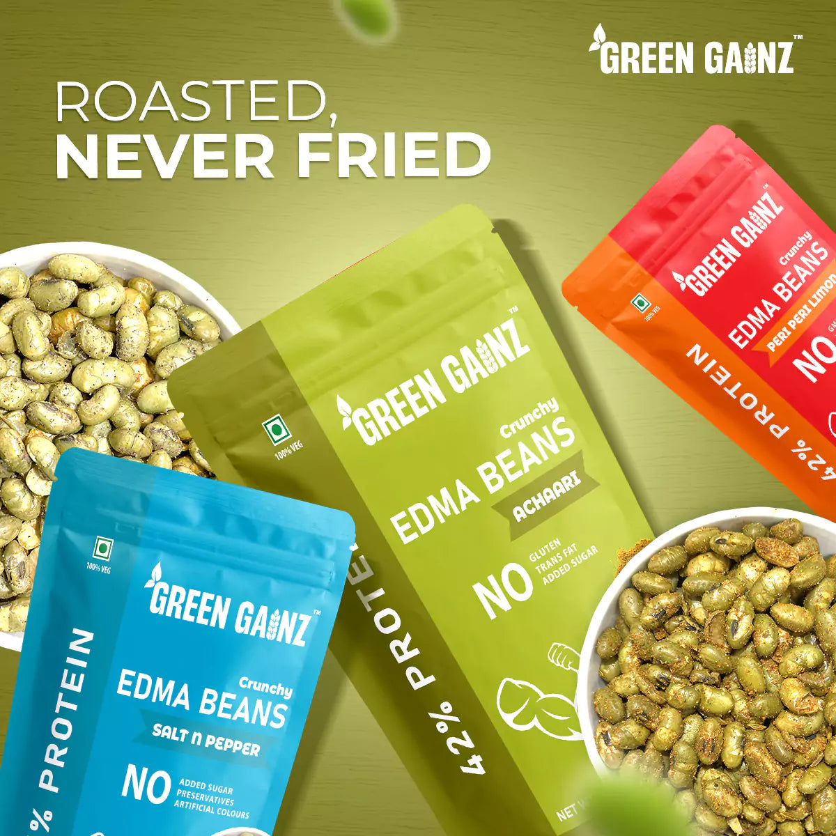 Edamame New Flavours Assorted Pack - Peri Peri Limon, Achaari, Salt n Pepper (Pack of 6 - 100gm each)