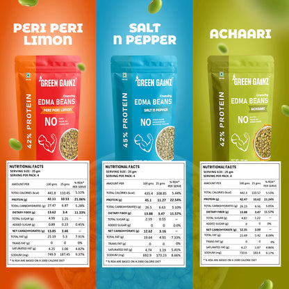 Edamame New Flavours Assorted Pack - Peri Peri Limon, Achaari, Salt n Pepper (Pack of 6 - 100gm each)