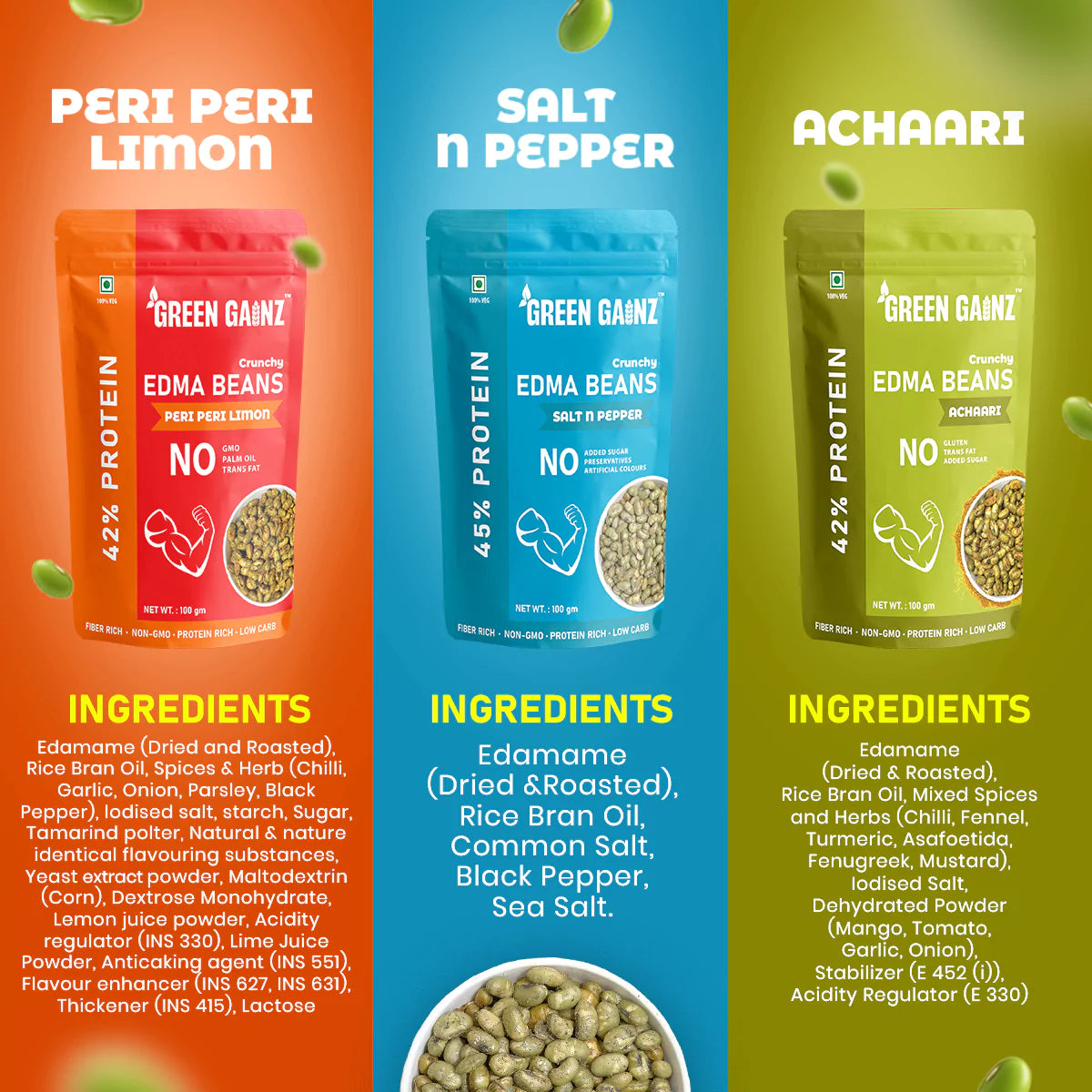 Edamame New Flavours Assorted Pack - Peri Peri Limon, Achaari, Salt n Pepper (Pack of 6 - 100gm each)