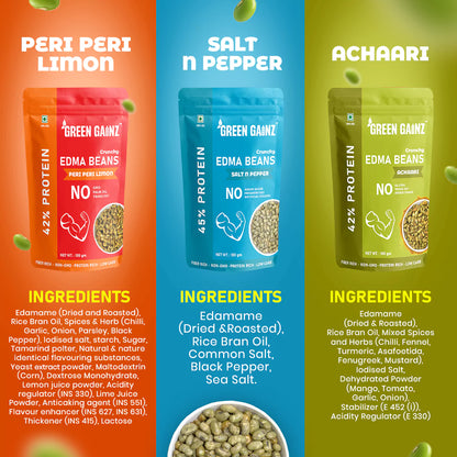 Edamame New Flavours Assorted Pack - Peri Peri Limon, Achaari, Salt n Pepper (Pack of 6 - 100gm each)