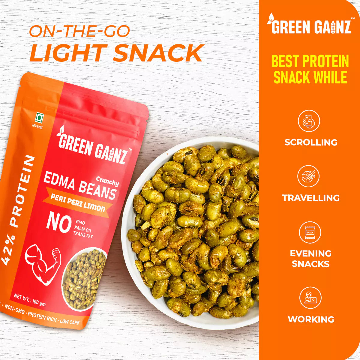 Edamame Peri Peri Limon Flavour (Pack of 3 - 100gm each) – High Protein Namkeen