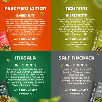 Roasted Edamame (4 packs - 30gm each) | Peri Peri Limon, Achaari, Salt n Pepper, Masala